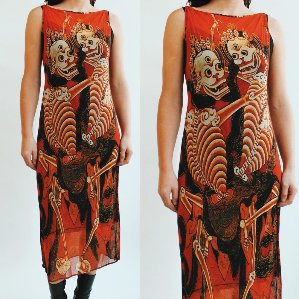 Vintage 90s/Y2K Vivienne Tam Citipati Skeletons Fine Mesh Dress